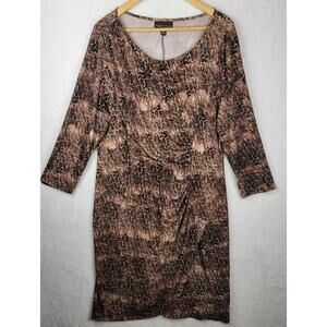 Dana Buchman Midi Dress XL 3/4 Sleeve Faux Wrap Pullover Brown Snake Office